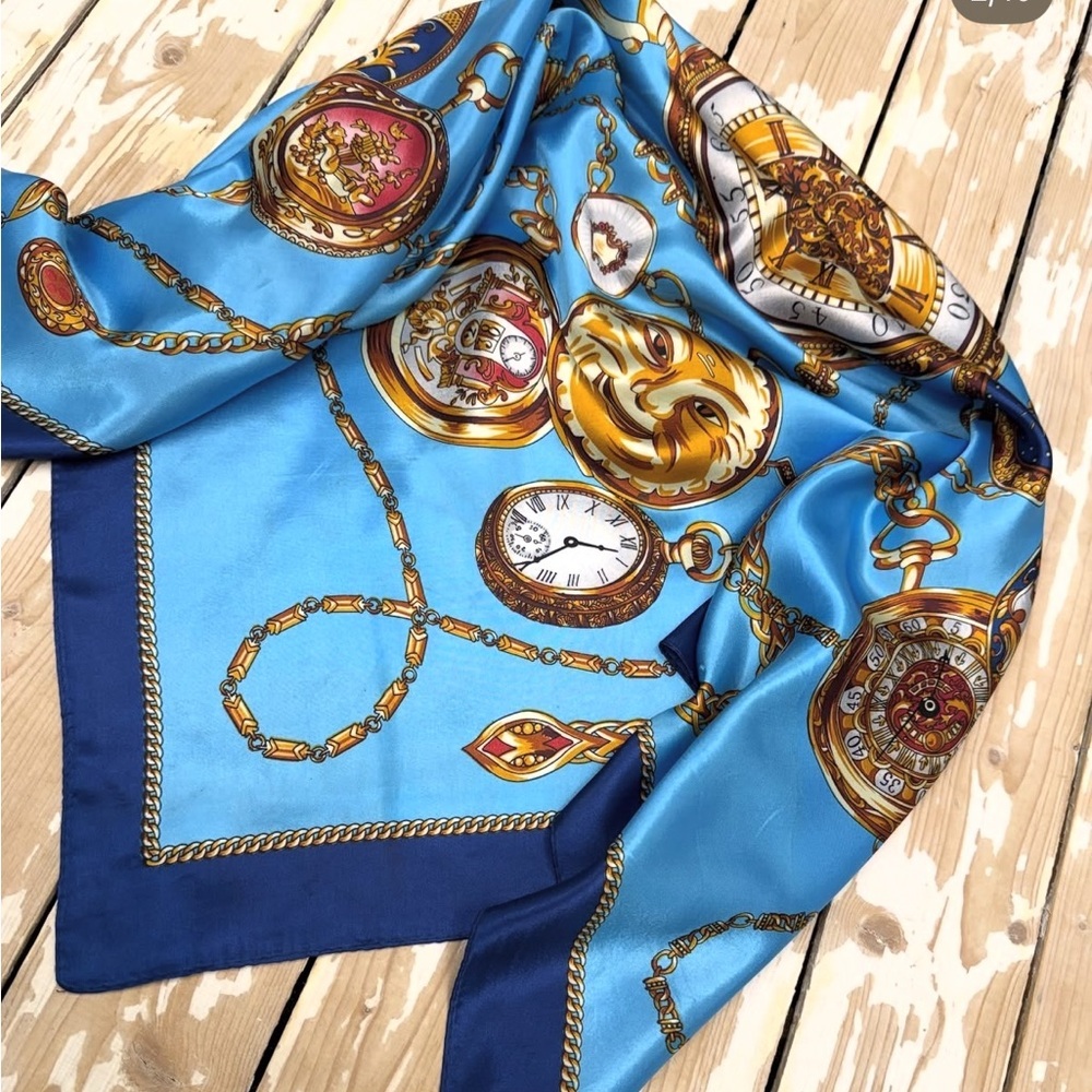 Vintage-Inspired Silk-Feel Scarf – Teal & Gold Ornate Timepiece Print